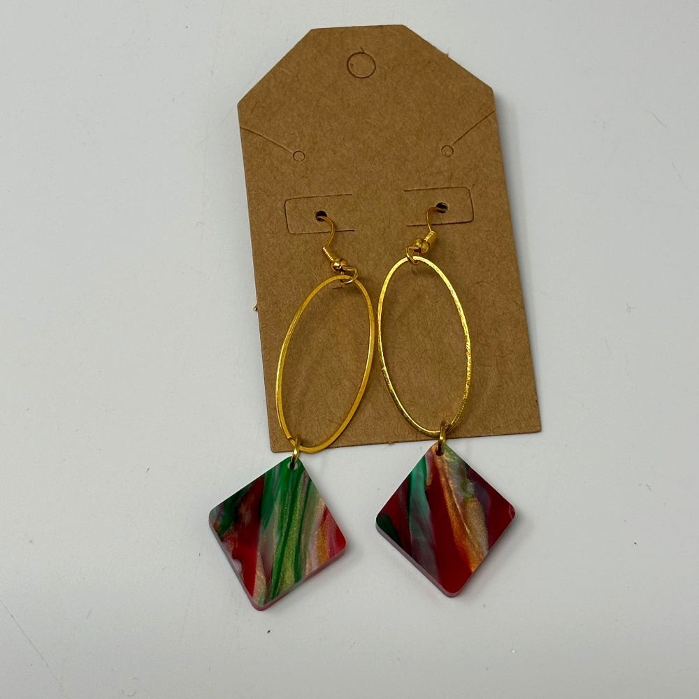 Handmade Christmas Acrylic Dangle Drop Earrings Red Green White Laser Cut 3"